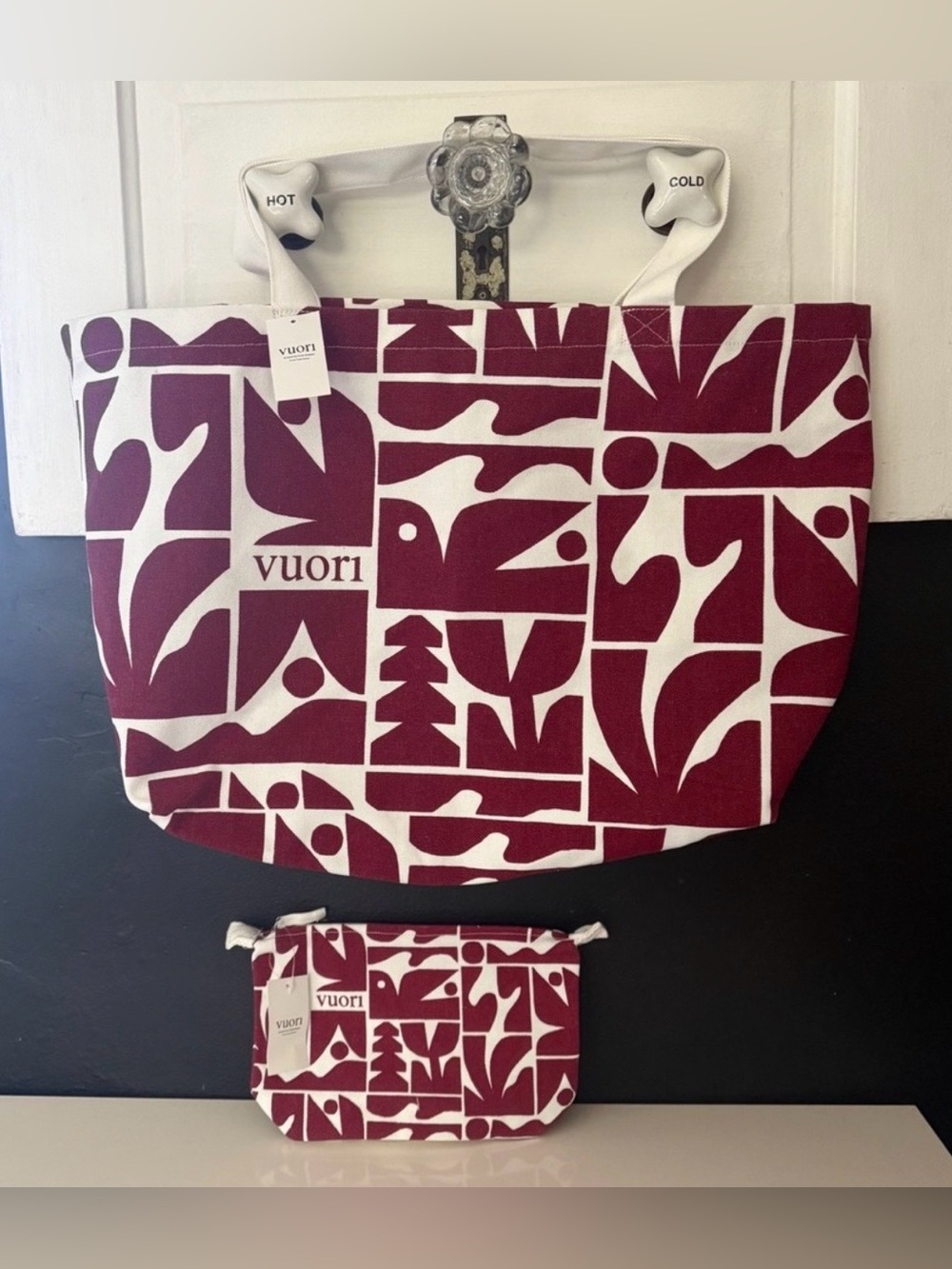 Vuori Tote Bag Pouch Set Unisex OS Burgundy NEW Cody Hudson Canvas Geometric